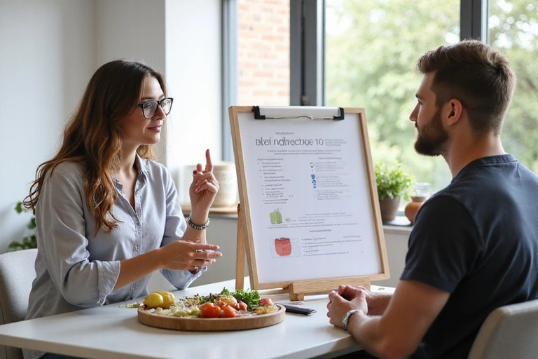 A nutritionist explaining a healthy eating plan to a client in a bright, modern consultation room, symbolizing education and client-centric values.