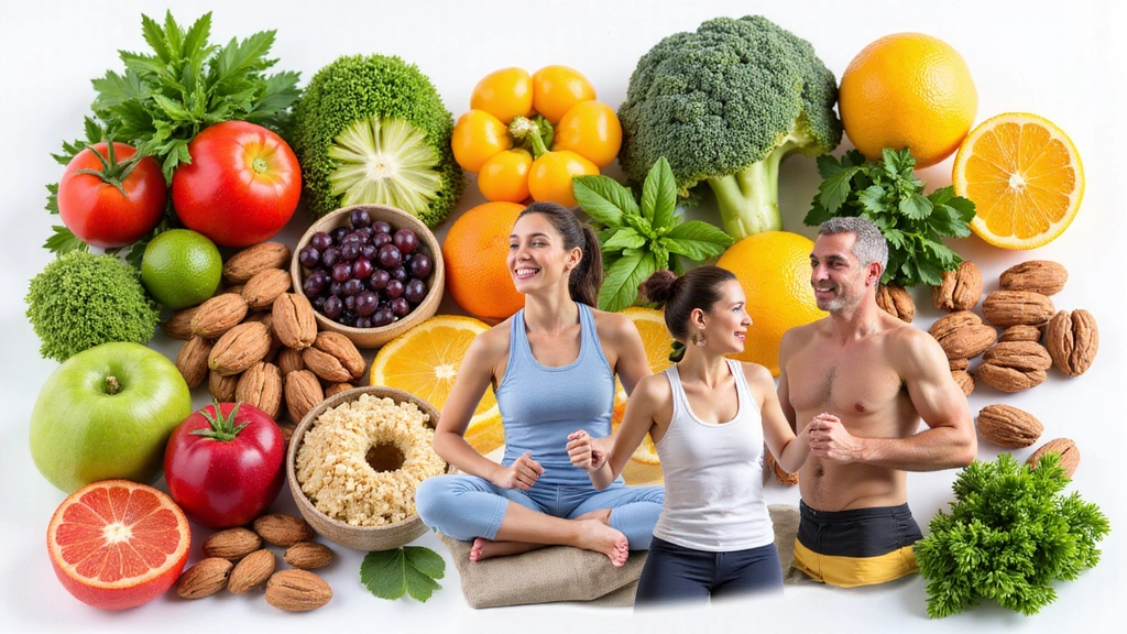 A collage of healthy food ingredients and smiling people engaging in healthy activities, symbolizing the positive results and holistic approach of NutriLife Indonesia.