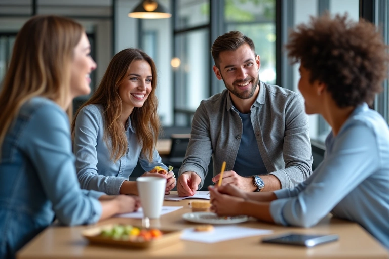 Team collaboration at NutriLife Indonesia, showing diverse professionals working together in a modern office environment, with computers and healthy snacks on the table, reflecting professionalism and an inviting atmosphere.