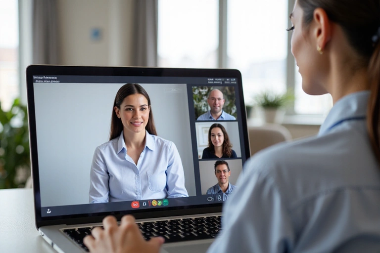 A nutritionist and client engaged in a secure online video call on a laptop, demonstrating a professional and clean consultation setting.